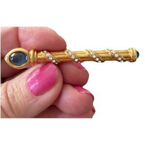 Vintage Marked Monet Gold Bar With Rhinestones Pin Brooch 2.5”